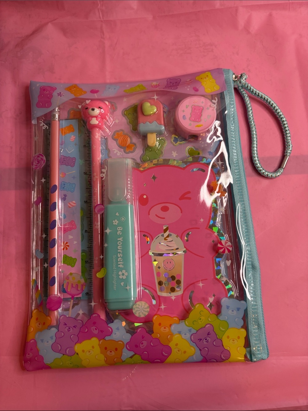 Pink Bear Kids Stationery Set with Pouch - Cute Bear Design